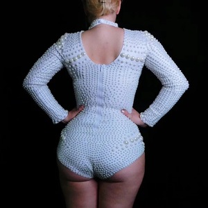 White Pearl Short Bodycon Jumpsuit Sexy Stage Dance and Birthday Party Outfit for Women Performance Wear One Size Body - Product Image 5