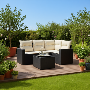 Juego de sofás de jardín de ratán sintético, 5 piezas, muebles de patio para exteriores en negro y crema, asientos modernos contemporáneos para 5 personas - Product Image 2