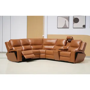 Brown leather power recliner sofa sectional with wireless charging