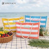 Sac de plage en toile rayée brodé sur mesure en gros, pochettes fourre-tout en toile à rayures horizontales colorées, personnalisables en vrac avec nom et logo OEM