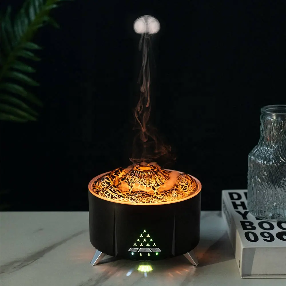 Neues Design Tragbarer 3D-Simulationsflammen-Diffusor Quallen Ultraschall ätherisches Öl Vulkan-Aroma diffusor mit weißem Klang