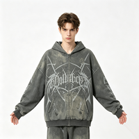Sweat à capuche oversize effet vieilli avec fermeture éclair, imprimé graphique Kornit DTG motif épine gothique sombre, coupe ample streetwear