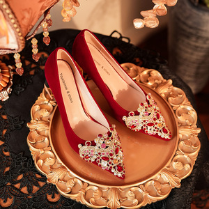 <b>Red</b> Wedding Shoes Women Heeled Sandals Chunky <b>Heel</b> Pointed Toe Rhinestone Decorated Elegant Slip-On Comfort Mid <b>Heel</b> 6555H-007 - Product Image 2