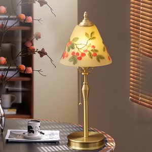 Lámpara de Mesa Estilo Vintage, Cobre Puro, Vidrio Pintado a Mano, E27 LED, Cuidado de la Vista, para Sala de Estar, Dormitorio, Estudio - Product Image 1