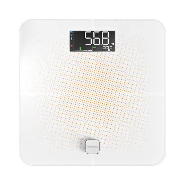 TRANSTEK 180kg USB for Battery Powered Glass Bathroom Body Fat Scale with 0.1kg Accuracy and Friendly Color Display