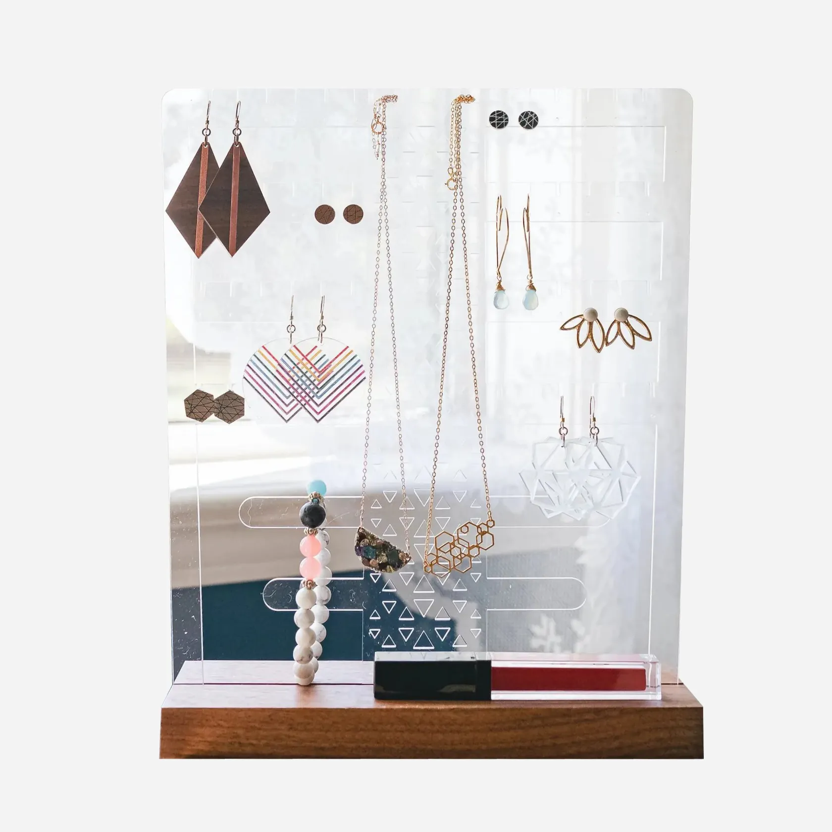 Stylish acrylic jewelry display stand for eardrop bracelet display, modern style wood grain base