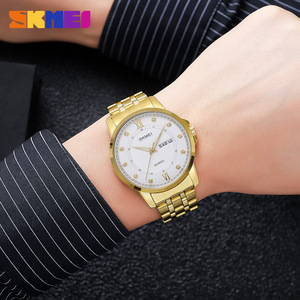 Skmei Gold Couple Quartz Watches Analog Calendar Diamond Dial Stainless Steel Band Waterproof 30M Men Women Watch - Product Image 3