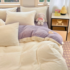 Rắn 4pcs Teddy Fleece sữa Fleece Ga Trải Giường Giường Bộ Comforter Cover Quilt ấm cúng dày trải giường phẳng tấm thiết lập cho mùa đông - Product Image 6