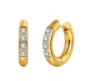 Boucles d'oreilles créoles petites en acier inoxydable plaqué or 18 carats avec 4 pierres rondes en zircon cubique serties en canal, bijoux de haute qualité pour femmes - Product Image 1
