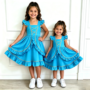 Robe de princesse bleu turquoise <span class=keywords><strong>pour</strong></span> filles, manches bouffantes, bordure dorée croisée, <span class=keywords><strong>jupe</strong></span> à volants superposés, robes décontractées <span class=keywords><strong>pour</strong></span> enfants, robes de fête <span class=keywords><strong>pour</strong></span> enfants - Product Image 3