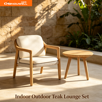 Ensemble de meubles de loisirs en teck massif toutes saisons, chaise longue enroulée de corde avec table d'appoint en teck à trois pieds pour jardin, hôtel ou complexe hôtelier