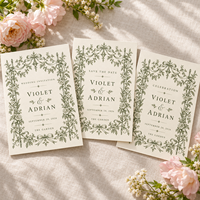 Carte d'invitation vintage à motif floral vert, style botanique français, avec nœud et cadre floral, invitation de mariage personnalisée, impression sur mesure pour mariage dans le jardin
