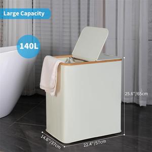 Cesto para <span class=keywords><strong>Ropa</strong></span> Sucia con Tapa y Asa de Bambú, 2 Compartimentos, 140L de Gran Capacidad, Clasificador de <span class=keywords><strong>Ropa</strong></span>, Bolsas Extraíbles, Personalizable al por Mayor - Product Image 4