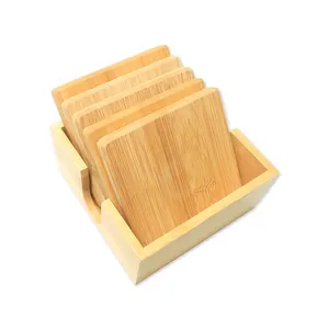 Personalized Housewarming Wedding Gift Customized Bulk Wood Bamboo Cup Pad Mat Coaster Set With Holder