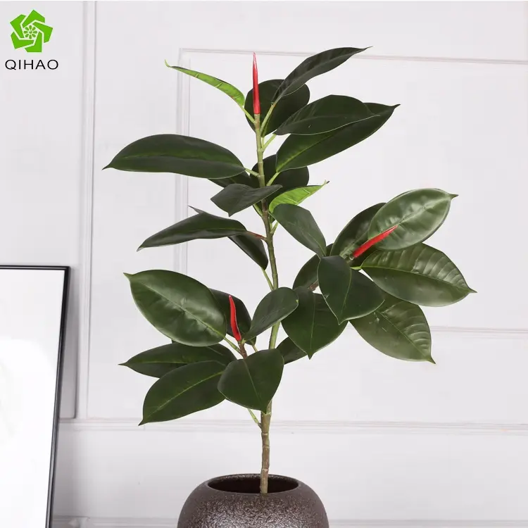 QiHao 가짜 열대 부르고뉴 Houseplant Ficus Elastica 분기 인공 고무 나무 식물 줄기 홈 오피스 정원 장식