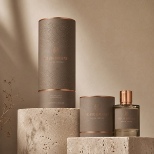 Vente en gros de flacons de parfum cosmétique ronds de 30 ml, 50 ml, 100 ml, avec emballage en tube de papier kraft et logo en feuille d'or - Product Image 1
