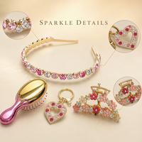 Ensemble de 4 accessoires pour cheveux en strass pour filles : serre-tête en cristal, pince à cheveux, porte-clés cœur, brosse à cheveux dégradée – Kit cadeau décoratif pour enfants