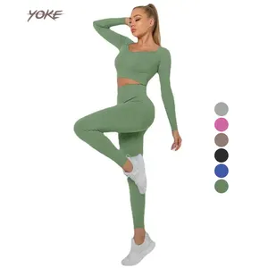 Trainingsbekleidung Jacquard-Damen 2-teiliges Yoga-Bekleidung Fitnessstudio Fitness-Sets Yoga-Bekleidung Aktivbekleidung geripptes Damen-Nahtloses Hanf-Yoga-Set