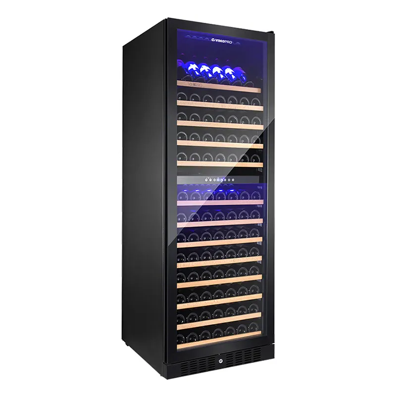 Refrigerador de vinho com luzes laterais verticais, porta preta, garrafa de 490L, refrigerador de vinho grande de fábrica, zona dupla, porta preta, 181 garrafas