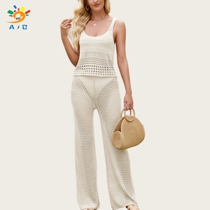 AJB 2026 Nouvelle tenue décontractée tendance <span class=keywords><strong>euro</strong></span>-américaine pour femme : haut sans manches en viscose crochetée couleur unie et pantalon long transparent - Product Image 6