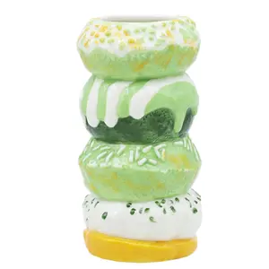 Custom wholesale handmade tiki beer cups ceramic stacked doughnuts wine cocktail glasses porcelain matcha green donuts mug