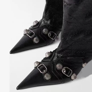 Women's Metal Studs Mid Calf Booties Pointy Toe Low Heels Short <b>Boots</b> Dress Stiletto on Top Wide Shoes - Product Image 6