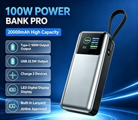 Batterie externe 20000mAh 100W PD à charge rapide avec câble Type C intégré, chargeur portable pour ordinateur portable et téléphone, usine OEM