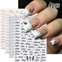 Autocollants gothiques pour ongles, 4 pièces, noir, or, argent, ailes d'ange, croix, lettres, autocollants auto-adhésifs, fournitures de manucure Vintage pour Nail Art