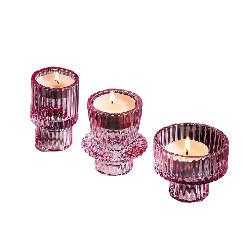 New Design Red Pink Glass Candle Borosilicate Stripe Tealight Candle Jars Holder Wedding Candle Holders Home Table Decorations