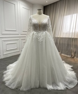 Abito da Sposa <span class=keywords><strong>Taglie</strong></span> <span class=keywords><strong>Forti</strong></span> 2025 Nuovo Modello <span class=keywords><strong>di</strong></span> Lusso con Scollo a V, Maniche Lunghe, Ricami in Tulle e Strascico per <span class=keywords><strong>Cerimonia</strong></span> Nuziale - Product Image 1