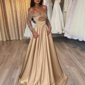 Robe de soirée à paillettes, épaules dénudées, manches longues, taille Empire, en satin, robe formelle pour hôte de banquet - Product Image 4