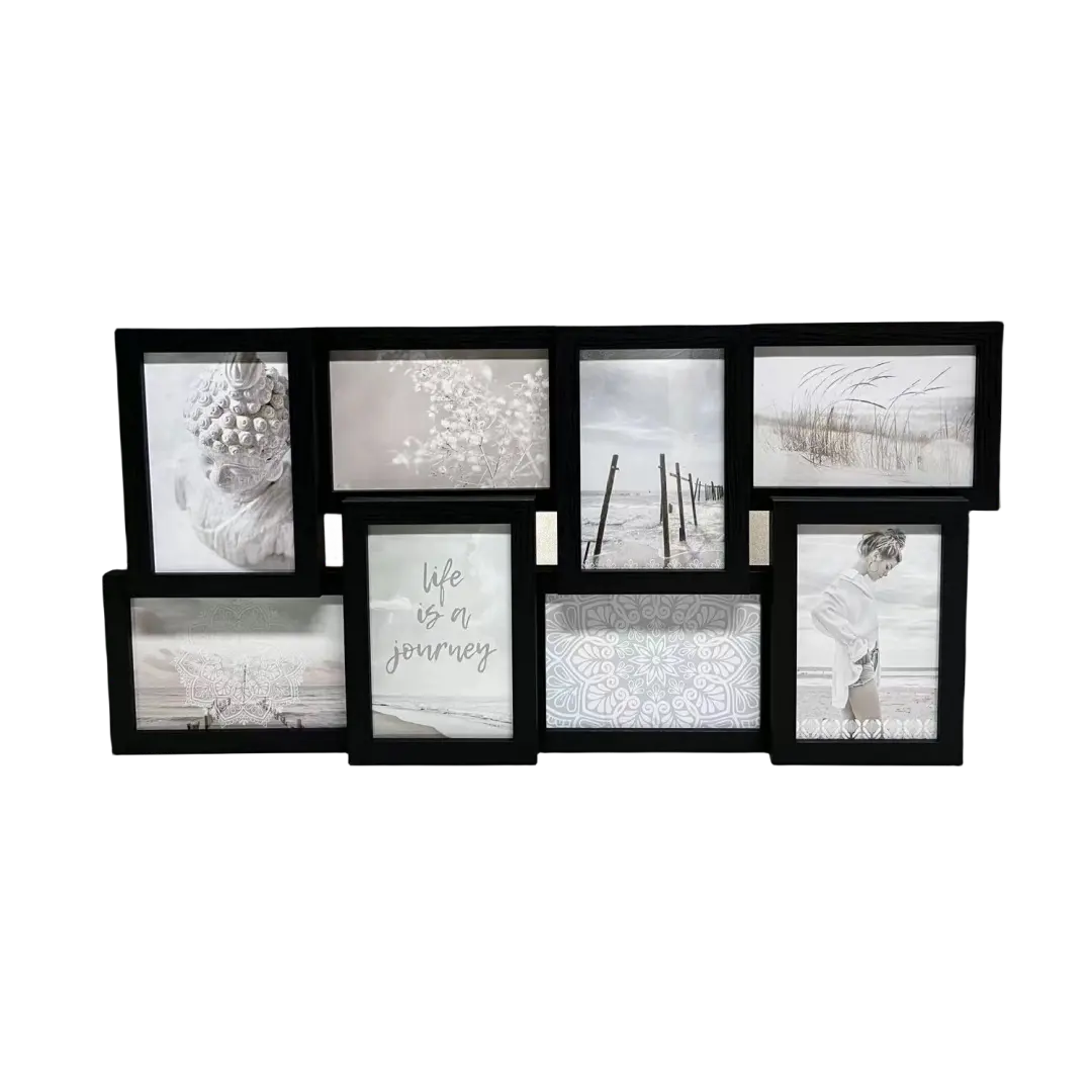 Nuevo diseño 8-apertura 4x6IN Negro Collage foto marco para decoración de pared del hogar recuerdos de viaje