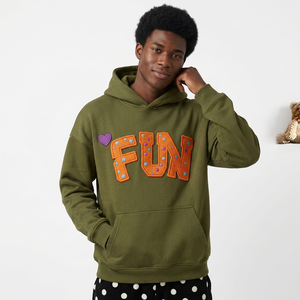 Sweat-shirt à capuche surdimensionné pour homme, vert, avec broderie 3D de la lettre FUN, sweat-shirt en molleton décontracté, streetwear d'automne - Product Image 1