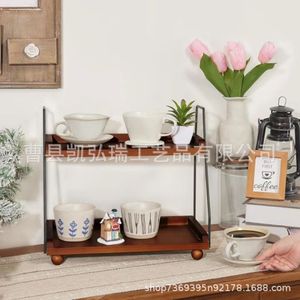 Support de rangement de bureau rétro en bois, porte-tasses double couche, organisateur de condiments pour comptoir de cuisine domestique. - Product Image 1