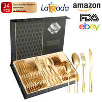 Ensemble de couverts en acier inoxydable 24 pièces, style occidental américain, couteau à steak, fourchette, cuillère, portable et pliable
