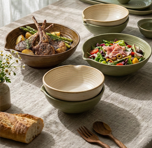 Vajilla de Cerámica Rústica de Estilo Natural, Tazón de Cerámica Texturizado Hecho a Mano con Boquilla para Servir, para Ensaladas, Filetes, Pasta, Cocina, Restaurante - Product Image 4