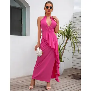 Fashion New Design Elegant Halter Long Party Night Club Dress Sexy Side Slit Ruffles Women Evening Dress 2023