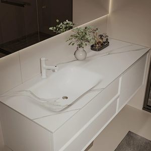 Modern Minimalist White Floating Bathroom Vanity Marble <b>Sink</b> Cabinet with Smart LED Mirror <b>Storage</b> Drawers - Product Image 4