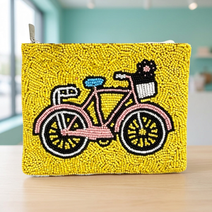 Porte-monnaie jaune perlé avec fermeture éclair, motif vélo, fait main, pour usage quotidien - Product Image 3