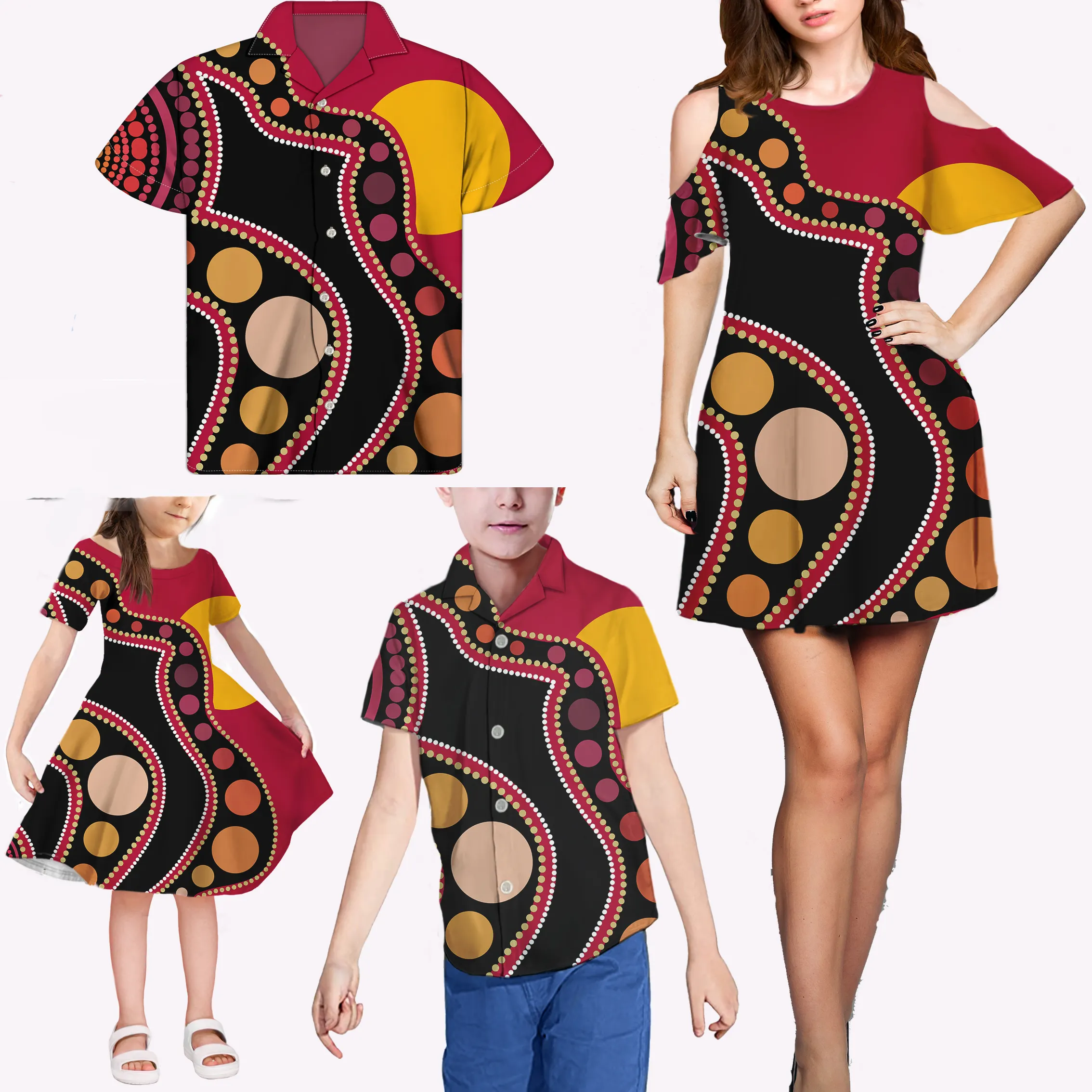 Men Designers Shirts African Polka Dot Red/Black Pattern Family Matching Dresses Women Casual Wholesale Kids Clothes Boys Shirt