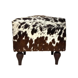 Repose-pieds carré minimaliste moderne en cuir de vache Décor en bois naturel pour le salon - Product Image 2