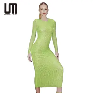 Liu Ming High Fashion Luxury 2024 Fall Trending Women Elegant Bling Shine Rhinestone Evening Club Party Midi Dress