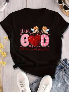 T-shirt pour femme à manches courtes, col rond, imprimé cœur de Cupidon, décontracté, 100% coton jersey, coupe classique - Product Image 3