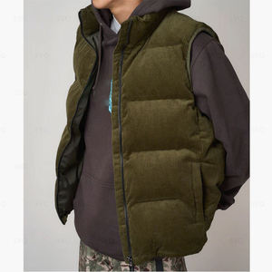 Chaleco Acolchado de Pana para Hombre, Cuello Alto, Cierre de Cremallera, Cortavientos, Ropa de Invierno, Color Verde Oliva Sólido, Estilo Casual - Product Image 1