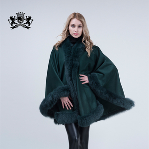 Janefur Wholesale Warm 100% Wool Women <strong>Black</strong> <strong>Shawl</strong> Rea; fox Fur Trim Pashmina <strong>Shawl</strong> - Product Image 5