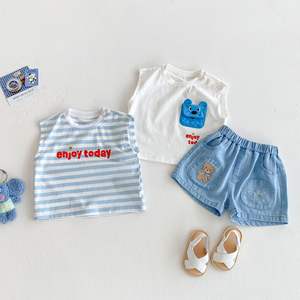 Ensemble bébé en denim avec <span class=keywords><strong>petit</strong></span> ours brodé pour filles, t-shirt imprimé tendance pour garçons et filles, <span class=keywords><strong>gilet</strong></span> rayé en coton pour enfants, été - Product Image 3