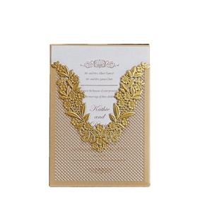 Thanh lịch túi lời mời đám cưới vàng Flora cut-out Thiết kế laser cắt lá dập nổi Ribbon Bow với phù hợp với phong bì - Product Image 1