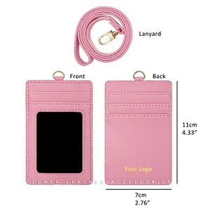 Custom Logo Working photo Exhibition business badge ID holder Leather card holder with polyester lanyard