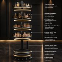 Présentoir Rotatif Noir et Or pour Cosmétiques, Étagère Circulaire en Verre avec Éclairage LED sur le Bord, Carrousel pour Boutique de Beauté