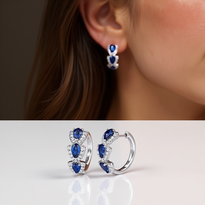 Orecchini a Cerchio di Lusso in Argento 925 con Gemma Blu Taglio a Pera Placcati in Rodio per Donne Gioielli Raffinati da Matrimonio - Product Image 2